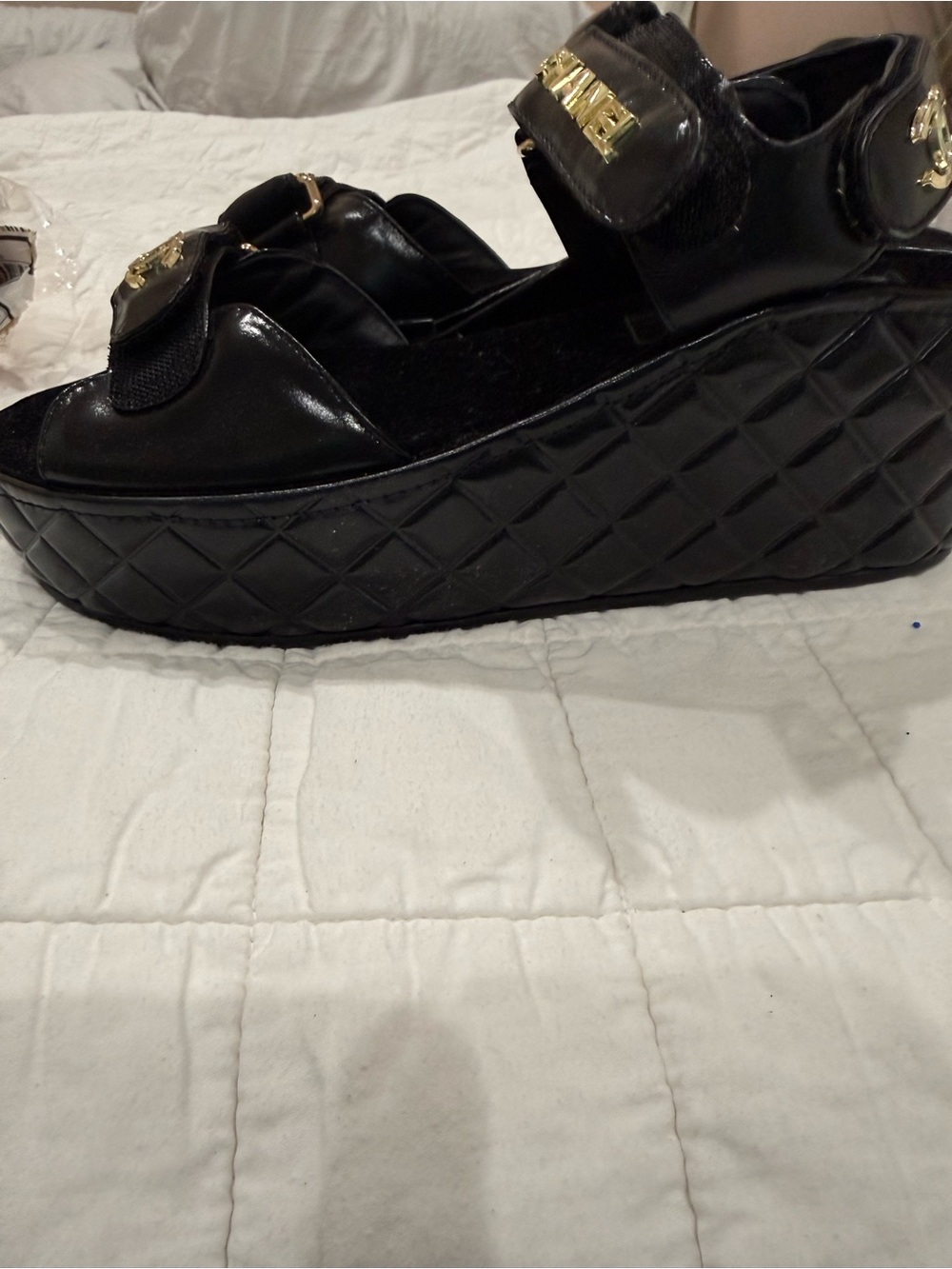 Inspired Black Platform Sandals with Gold Accent